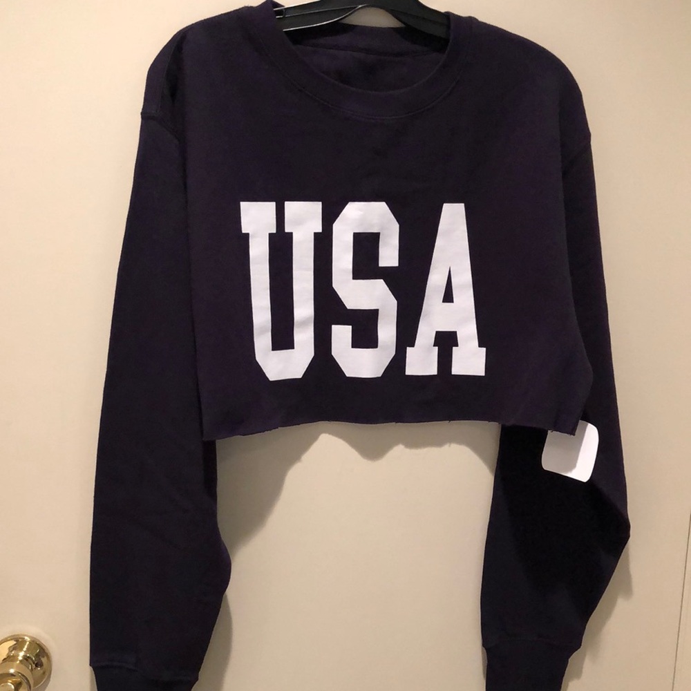 🆕💙Navy Cropped & oversized fleece USA sweatshirt! L! NEW w/hangtag! Unisex!